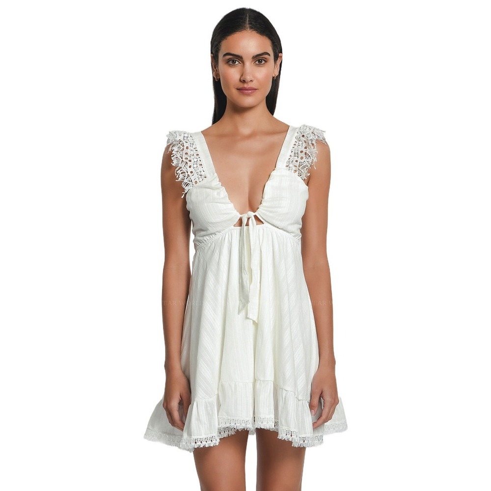 Peixoto Farrah Lace Trim Mini Dress White Ferra Stripe Cotton Smocked Back M NWT